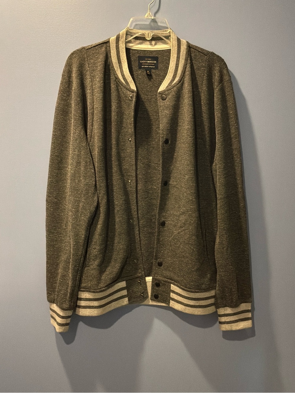 Lucky Brand Sporty Bomber Jacket with Cream Striped Trim